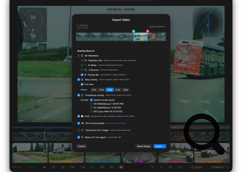 SentryCut Pro Export — Burn telemetry, map, and timestamp overlays into video