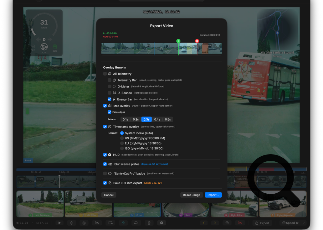 SentryCut Pro Export — Burn telemetry, map, and timestamp overlays into video